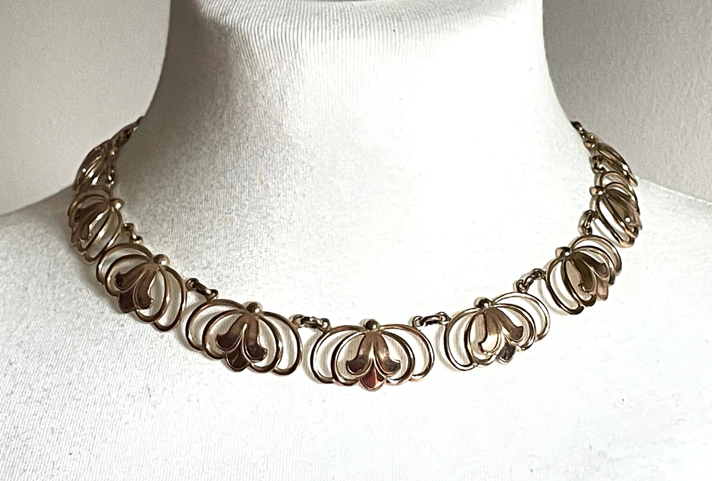 Vintage rolled gold Art Nouveau style abstract modernist design panel collar necklace, 29 grams