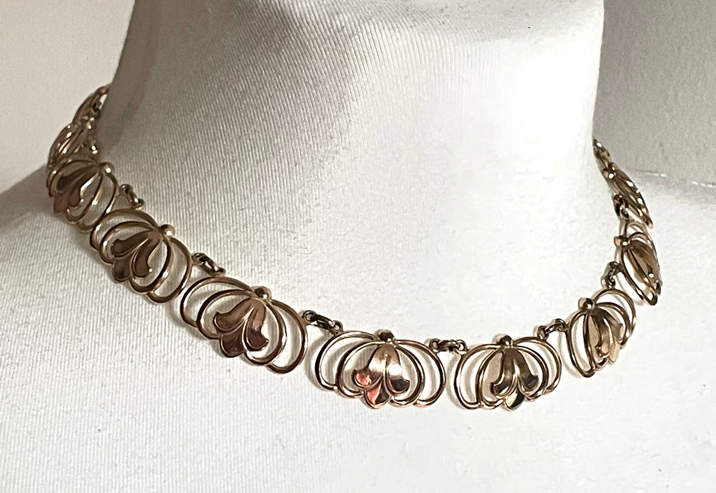 Vintage rolled gold Art Nouveau style abstract modernist design panel collar necklace, 29 grams