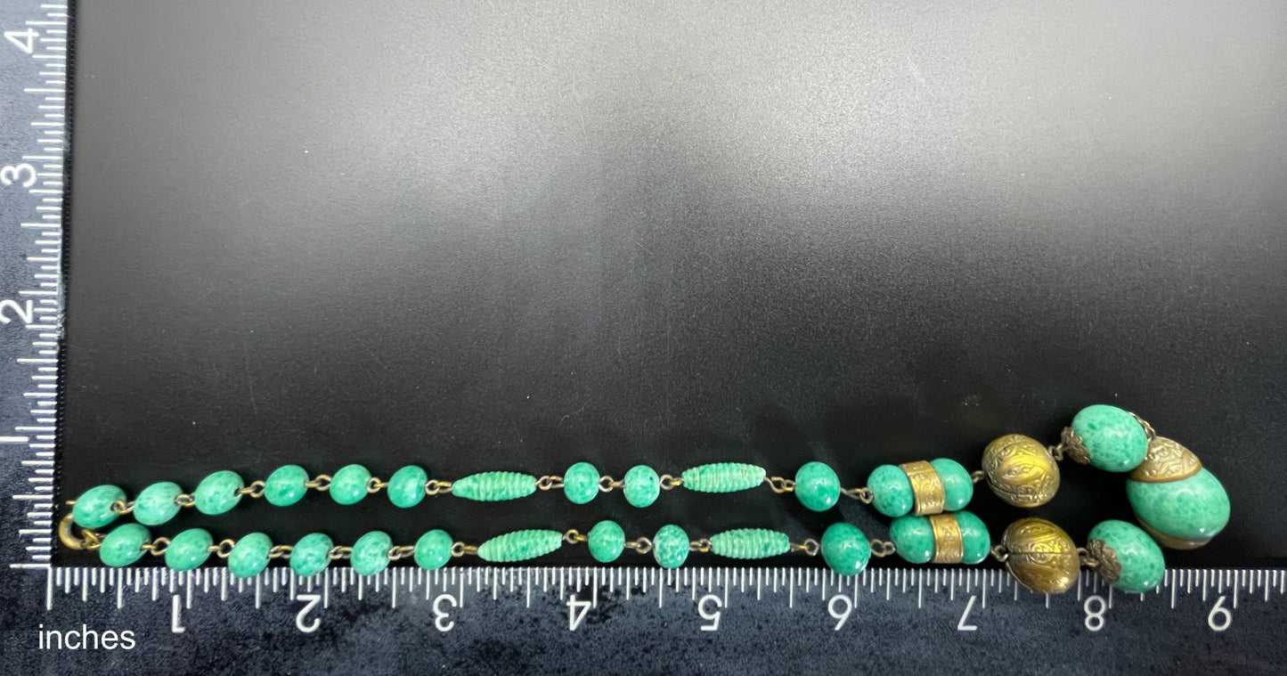 Vintage Louis Rousselet Art Deco green Peking style glass and ornate gold tone bead necklace, wired moulded glass beads