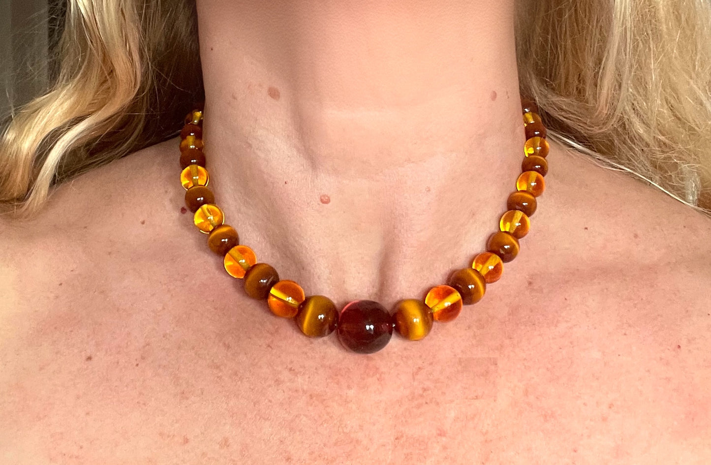 Vintage Louis Rousselet uranium glass Art Deco necklace on foxtail chain - cats' eye UV sensitive and transparent orange beads