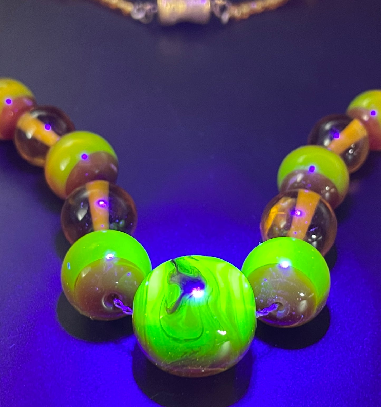 Vintage Louis Rousselet uranium glass Art Deco necklace on foxtail chain - cats' eye UV sensitive and transparent orange beads