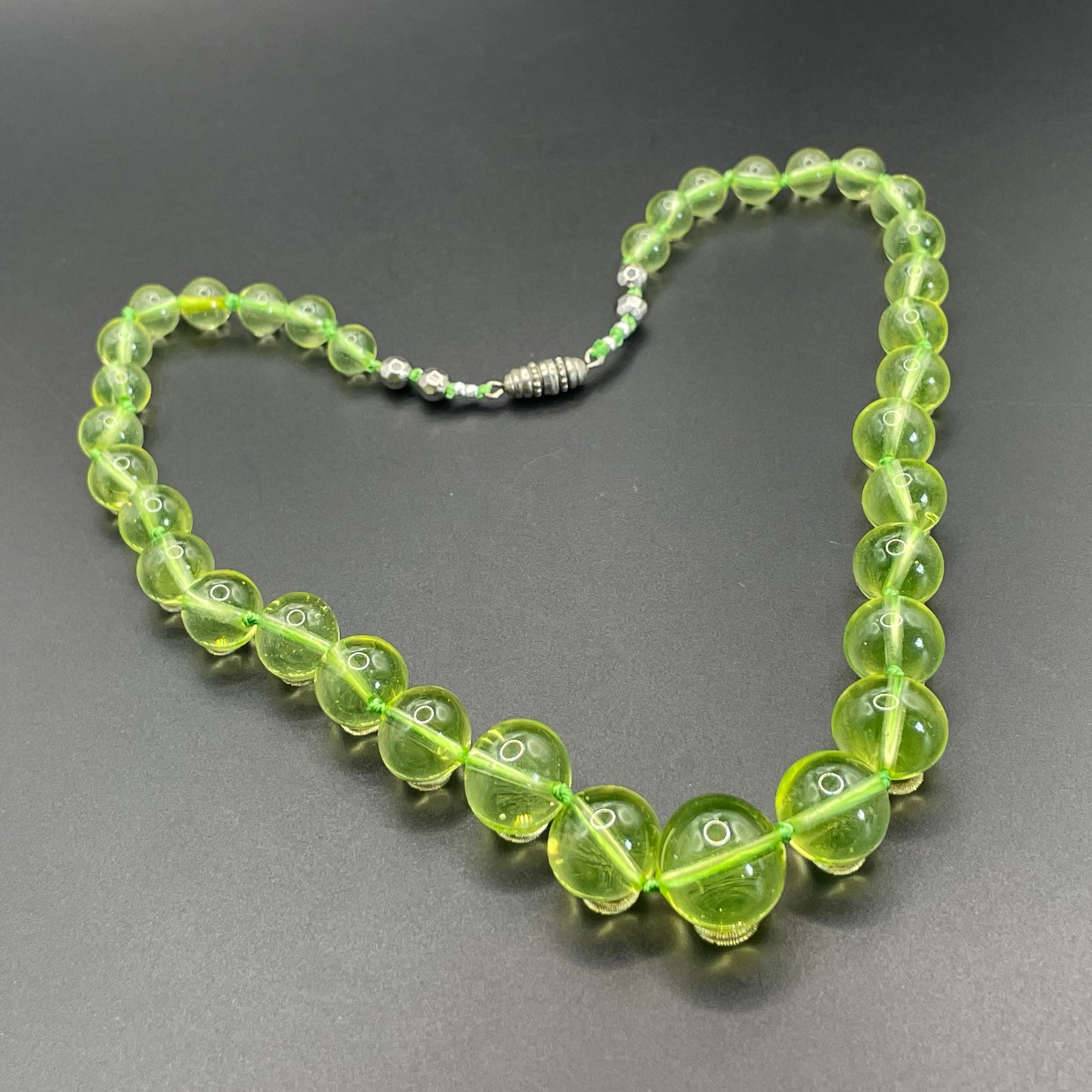 Vintage uranium glass round bead graduated Art Deco necklace - fabulous beads that glow under UV light, individually hand-knotted