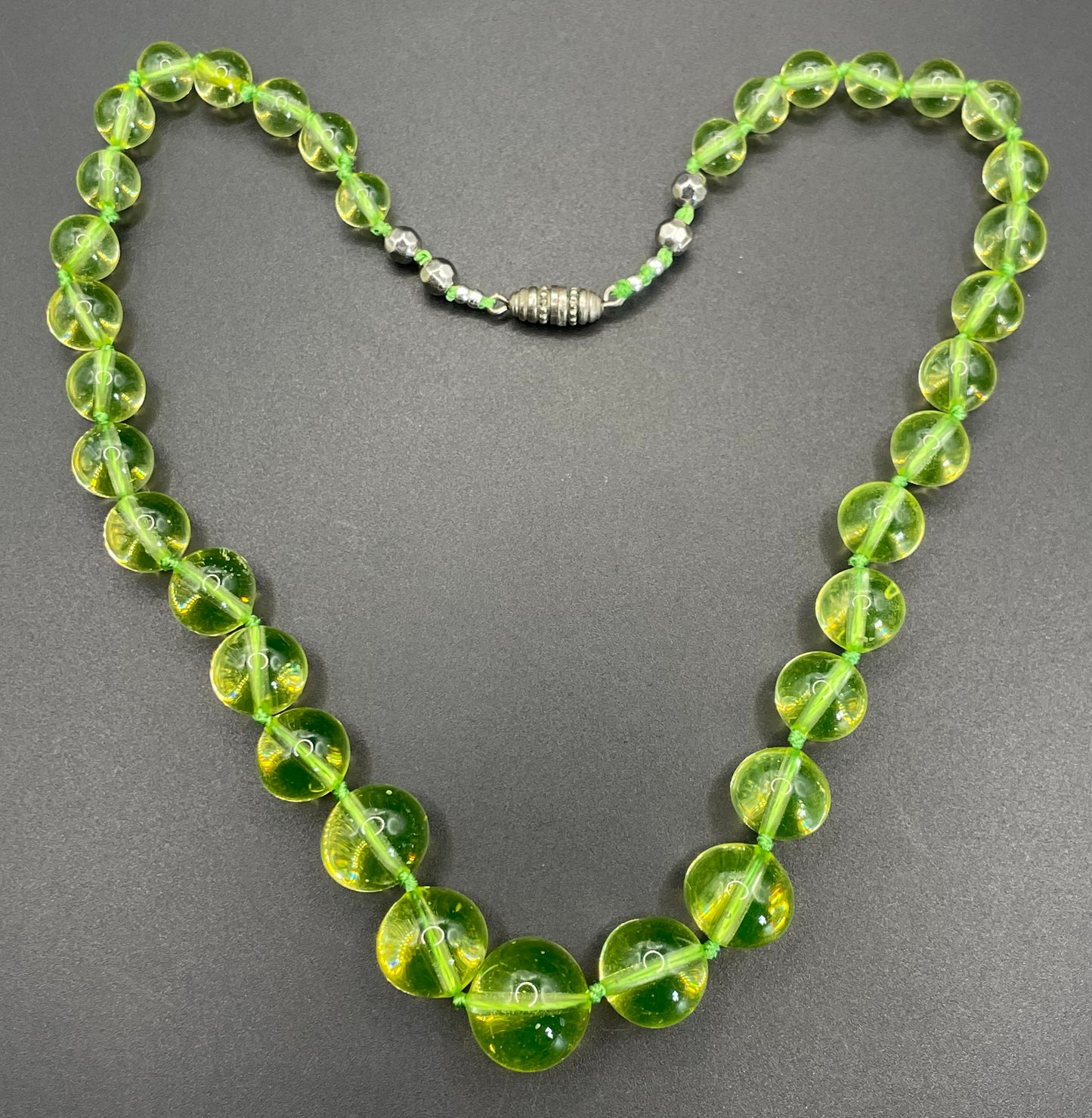 Vintage uranium glass round bead graduated Art Deco necklace - fabulous beads that glow under UV light, individually hand-knotted