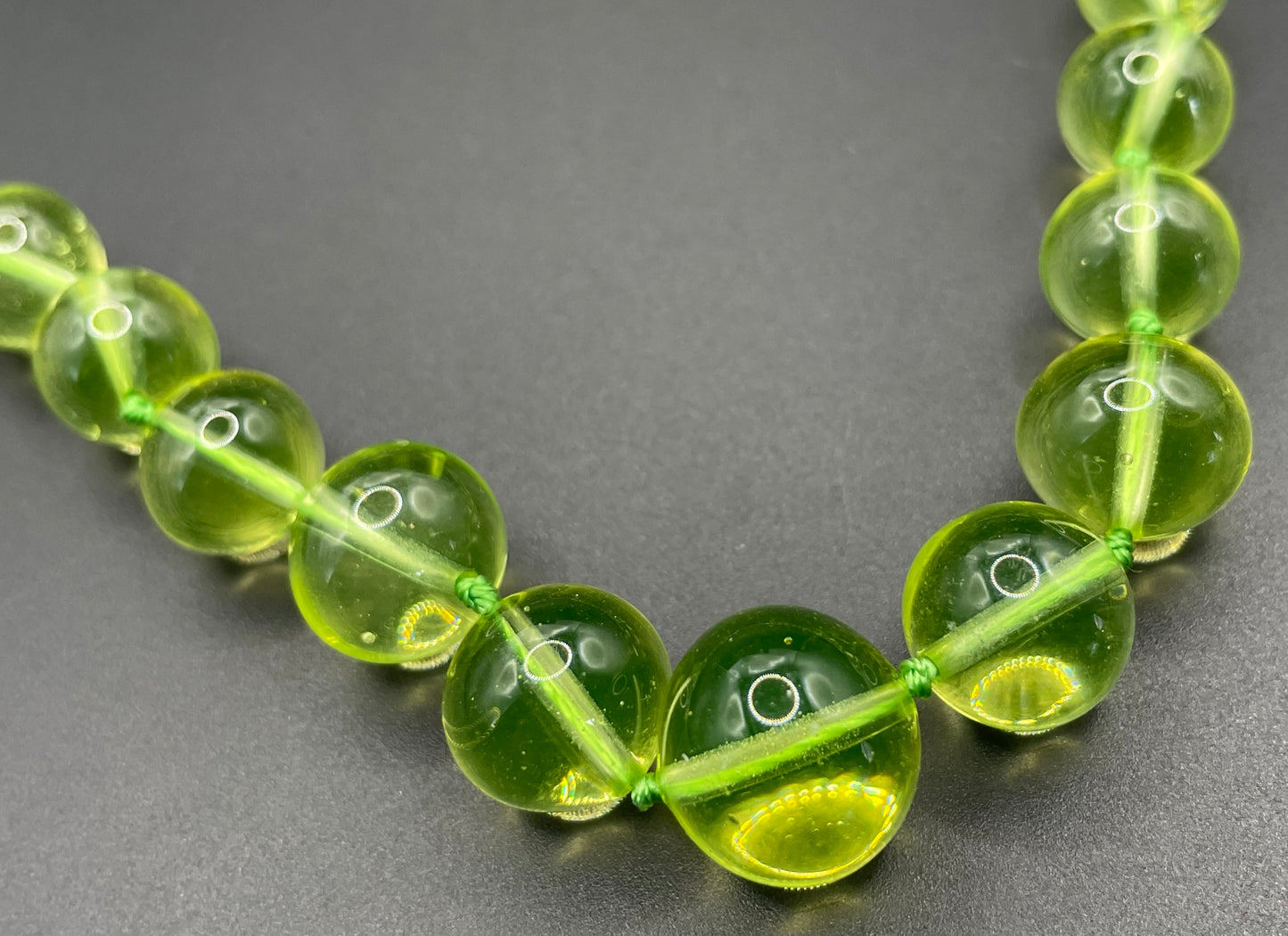 Vintage uranium glass round bead graduated Art Deco necklace - fabulous beads that glow under UV light, individually hand-knotted