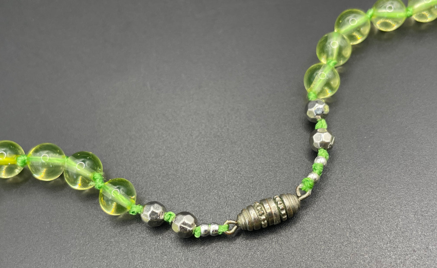Vintage uranium glass round bead graduated Art Deco necklace - fabulous beads that glow under UV light, individually hand-knotted