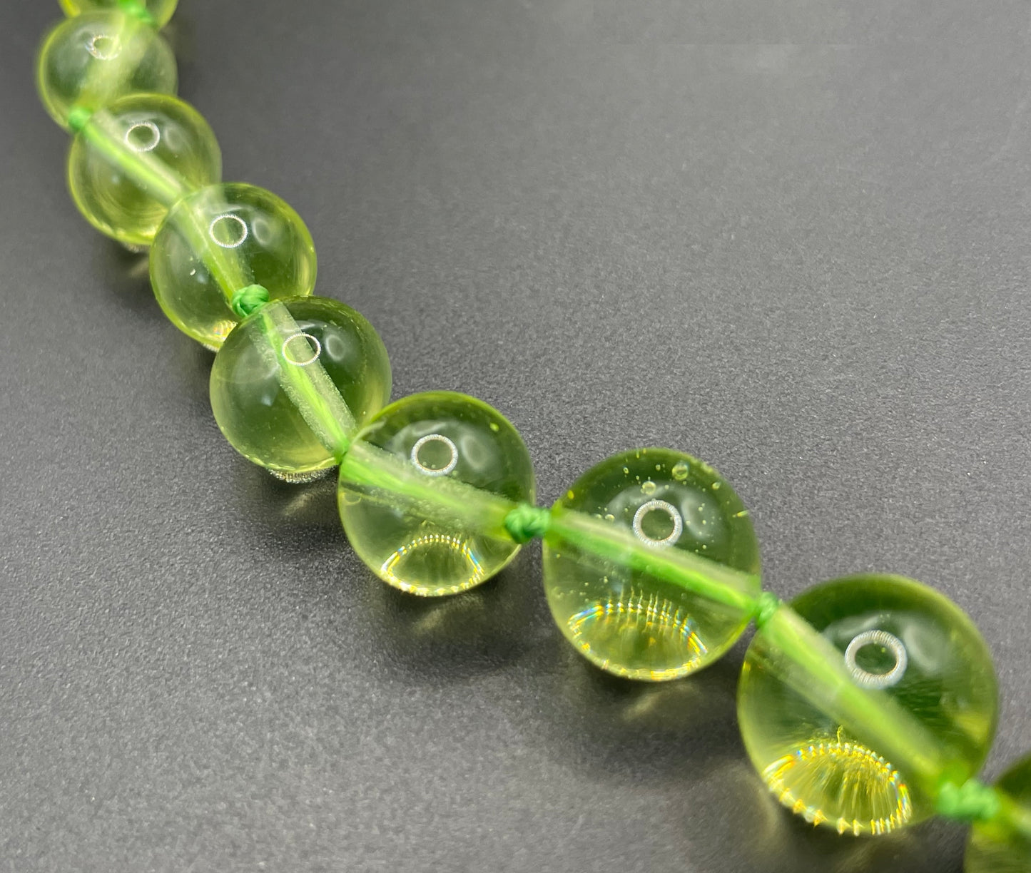 Vintage uranium glass round bead graduated Art Deco necklace - fabulous beads that glow under UV light, individually hand-knotted