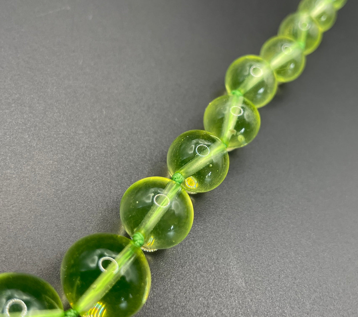 Vintage uranium glass round bead graduated Art Deco necklace - fabulous beads that glow under UV light, individually hand-knotted