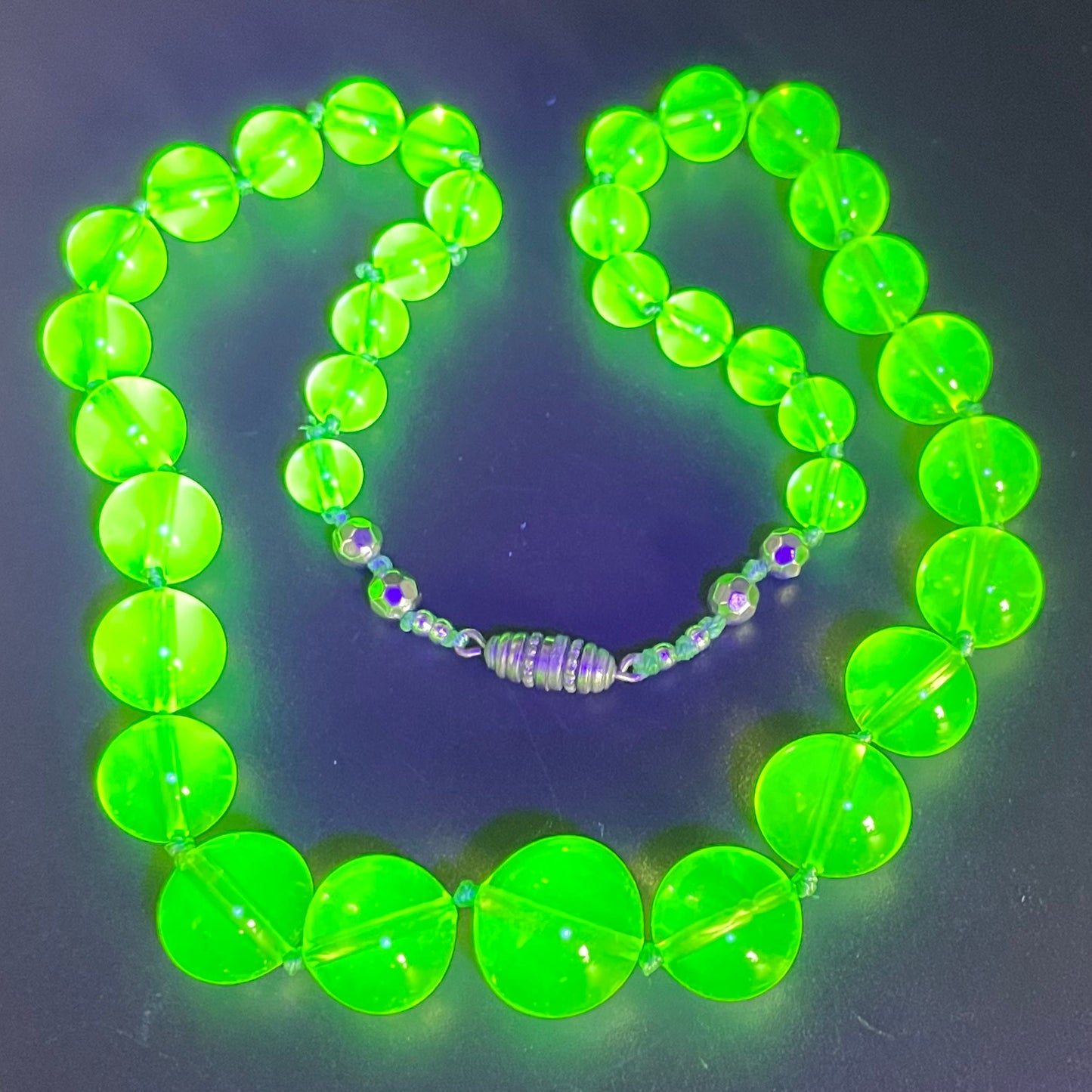Vintage uranium glass round bead graduated Art Deco necklace - fabulous beads that glow under UV light, individually hand-knotted