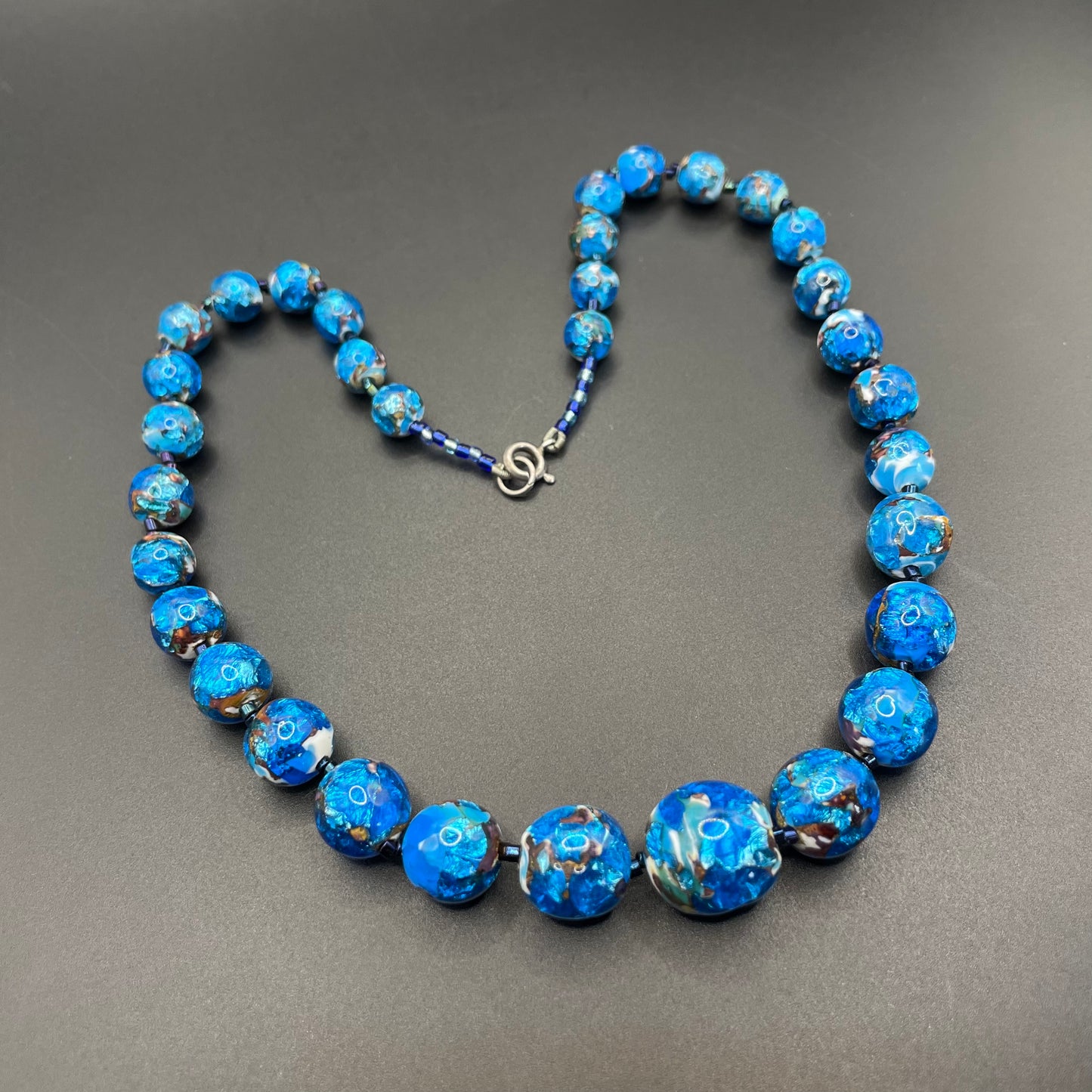 Vintage Art Deco bright blue, white, black and silver foiled glass beaded necklace, beautiful beads