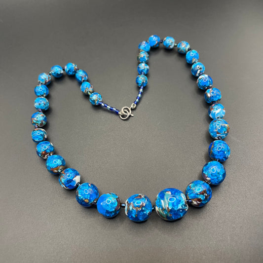 Vintage Art Deco bright blue, white, black and silver foiled glass beaded necklace, beautiful beads