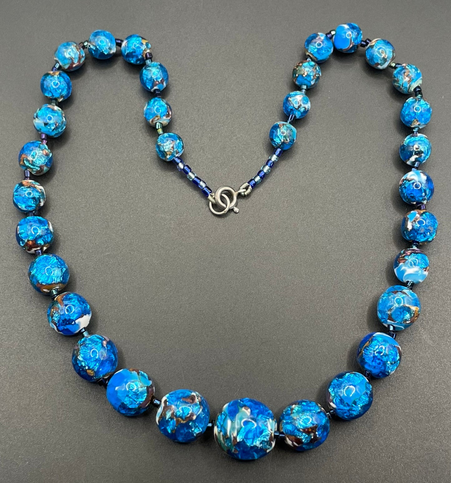 Vintage Art Deco bright blue, white, black and silver foiled glass beaded necklace, beautiful beads