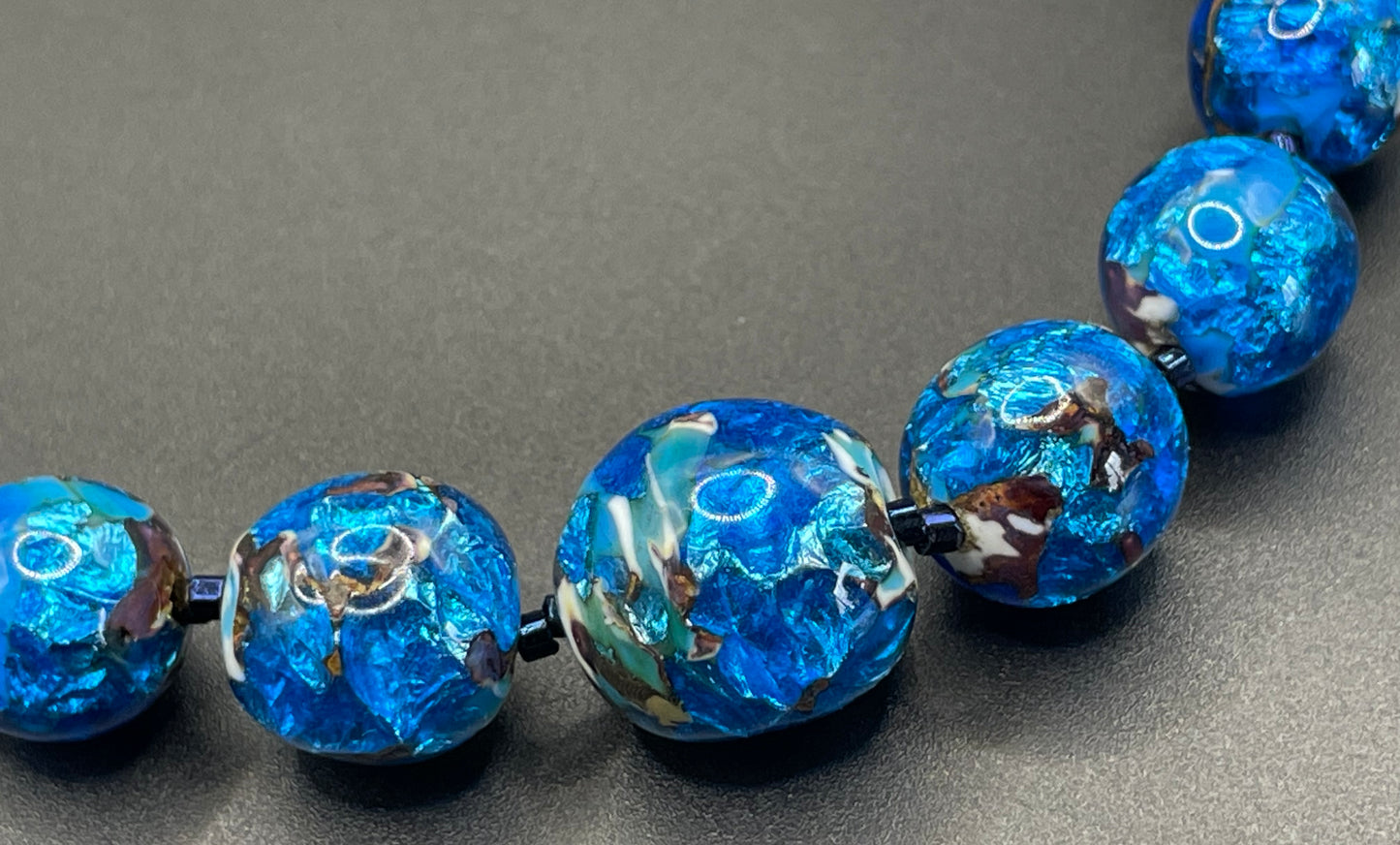 Vintage Art Deco bright blue, white, black and silver foiled glass beaded necklace, beautiful beads