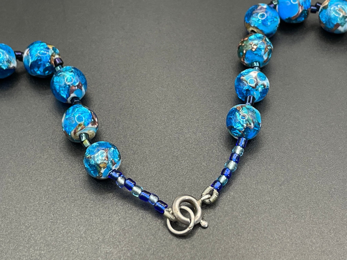 Vintage Art Deco bright blue, white, black and silver foiled glass beaded necklace, beautiful beads