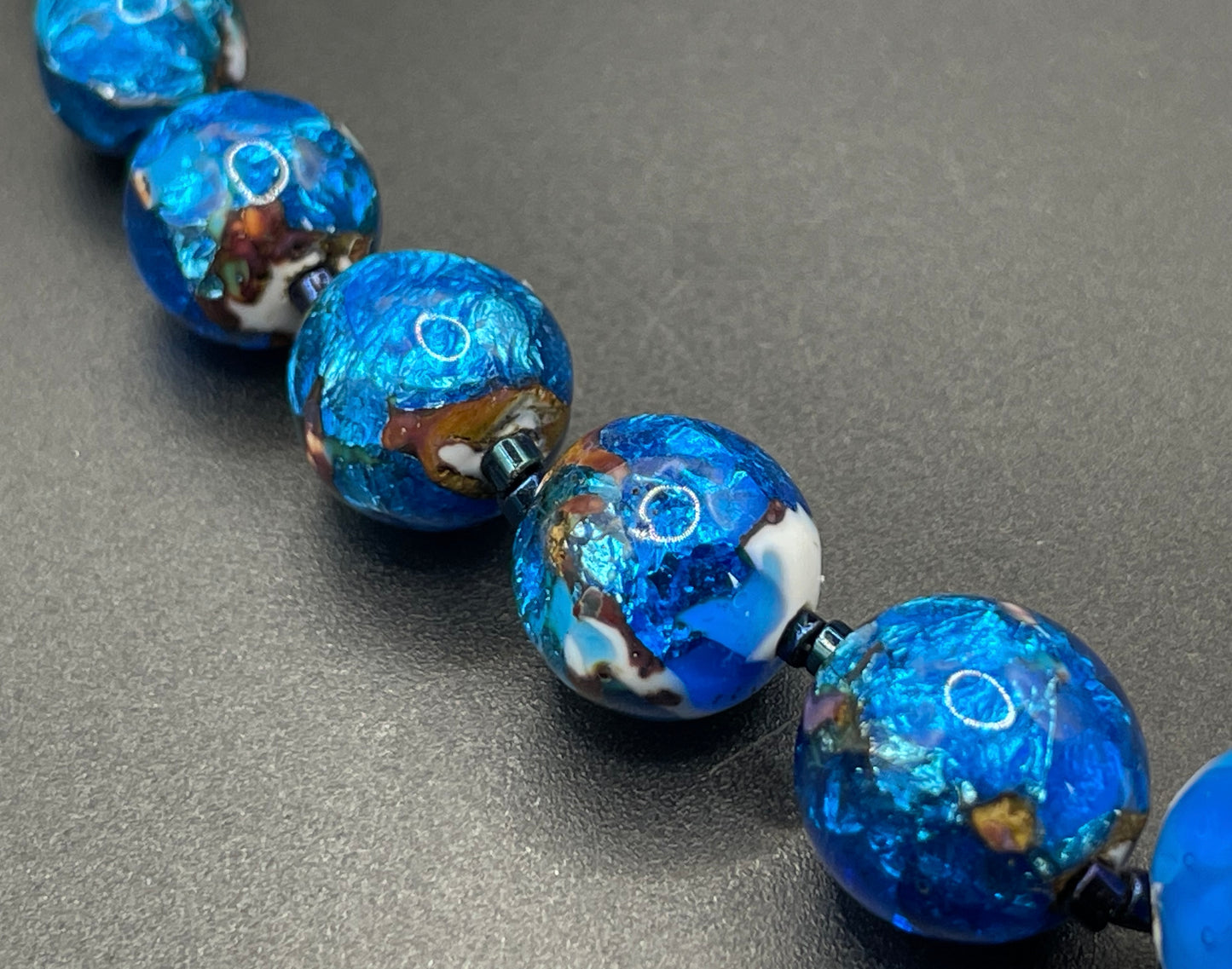 Vintage Art Deco bright blue, white, black and silver foiled glass beaded necklace, beautiful beads