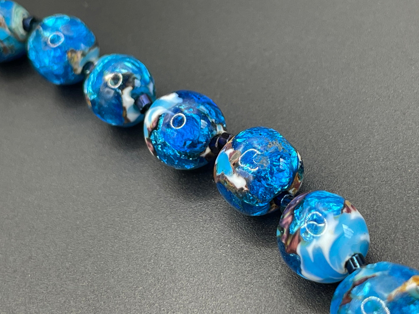 Vintage Art Deco bright blue, white, black and silver foiled glass beaded necklace, beautiful beads