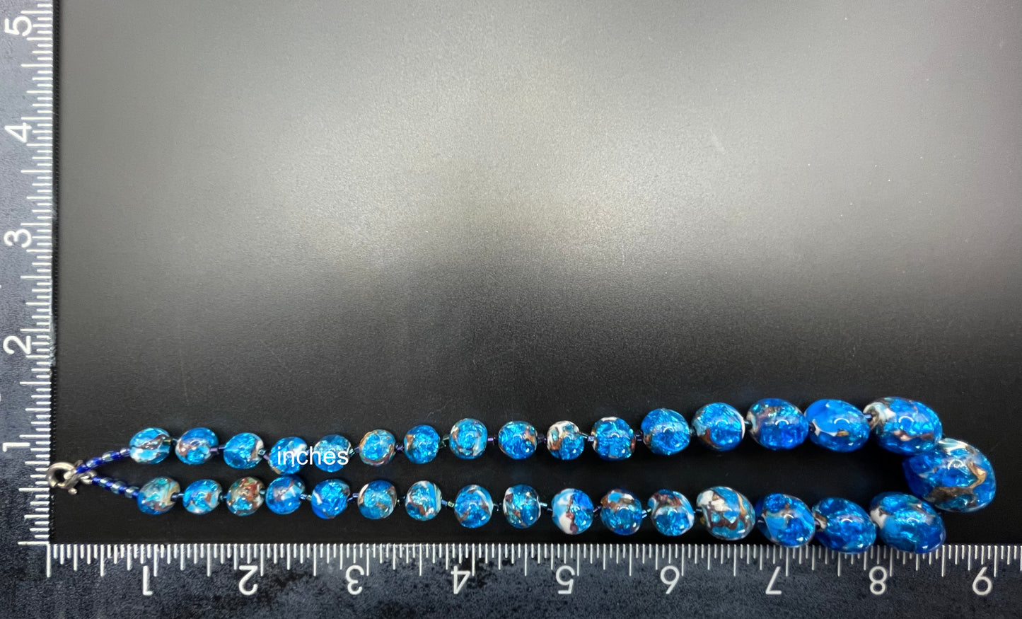 Vintage Art Deco bright blue, white, black and silver foiled glass beaded necklace, beautiful beads