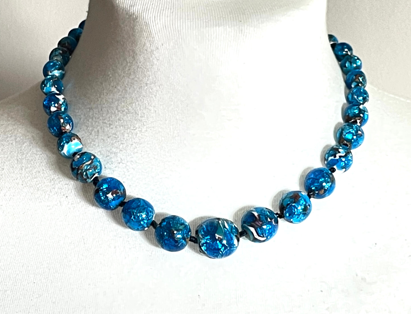 Vintage Art Deco bright blue, white, black and silver foiled glass beaded necklace, beautiful beads