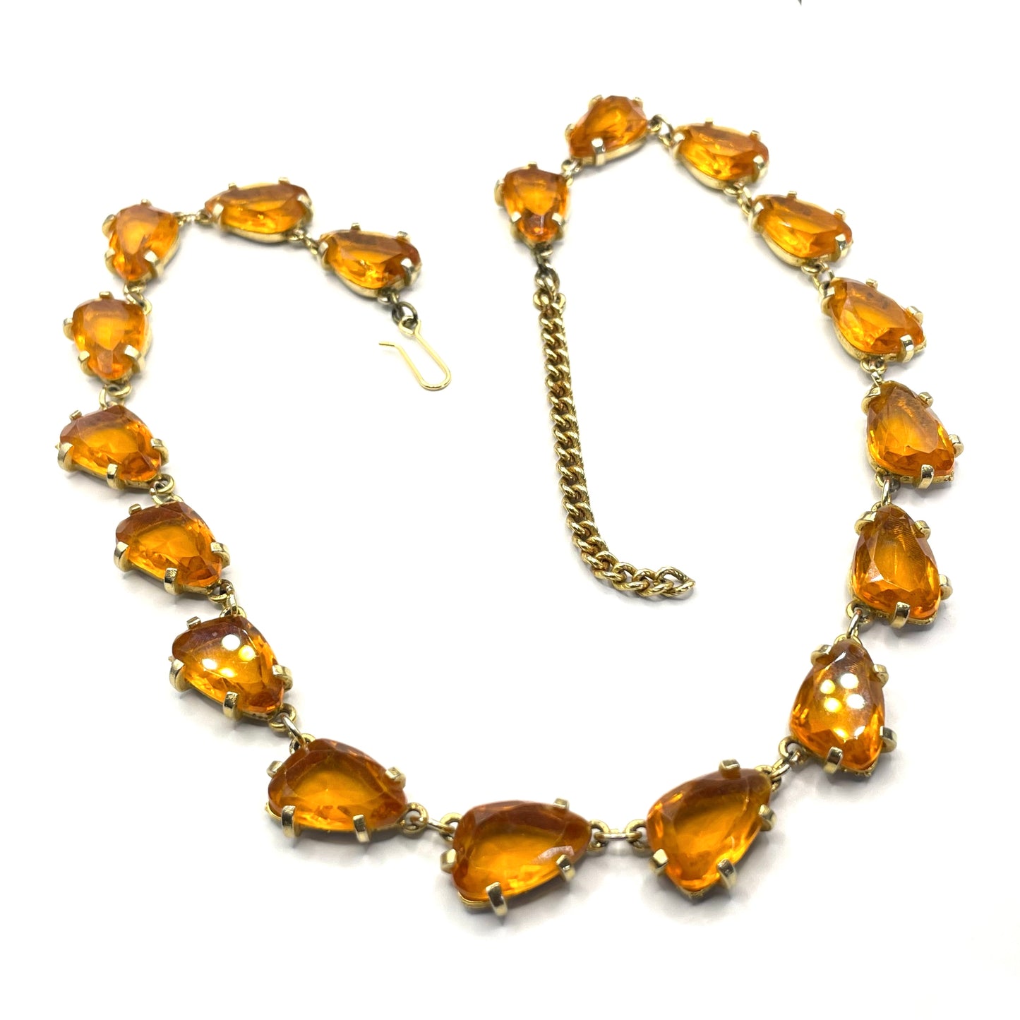 Vintage signed Sphinx citrine yellow / topaz orange glass riviere necklace, triangle shaped crystals set open-backed in gold tone settings