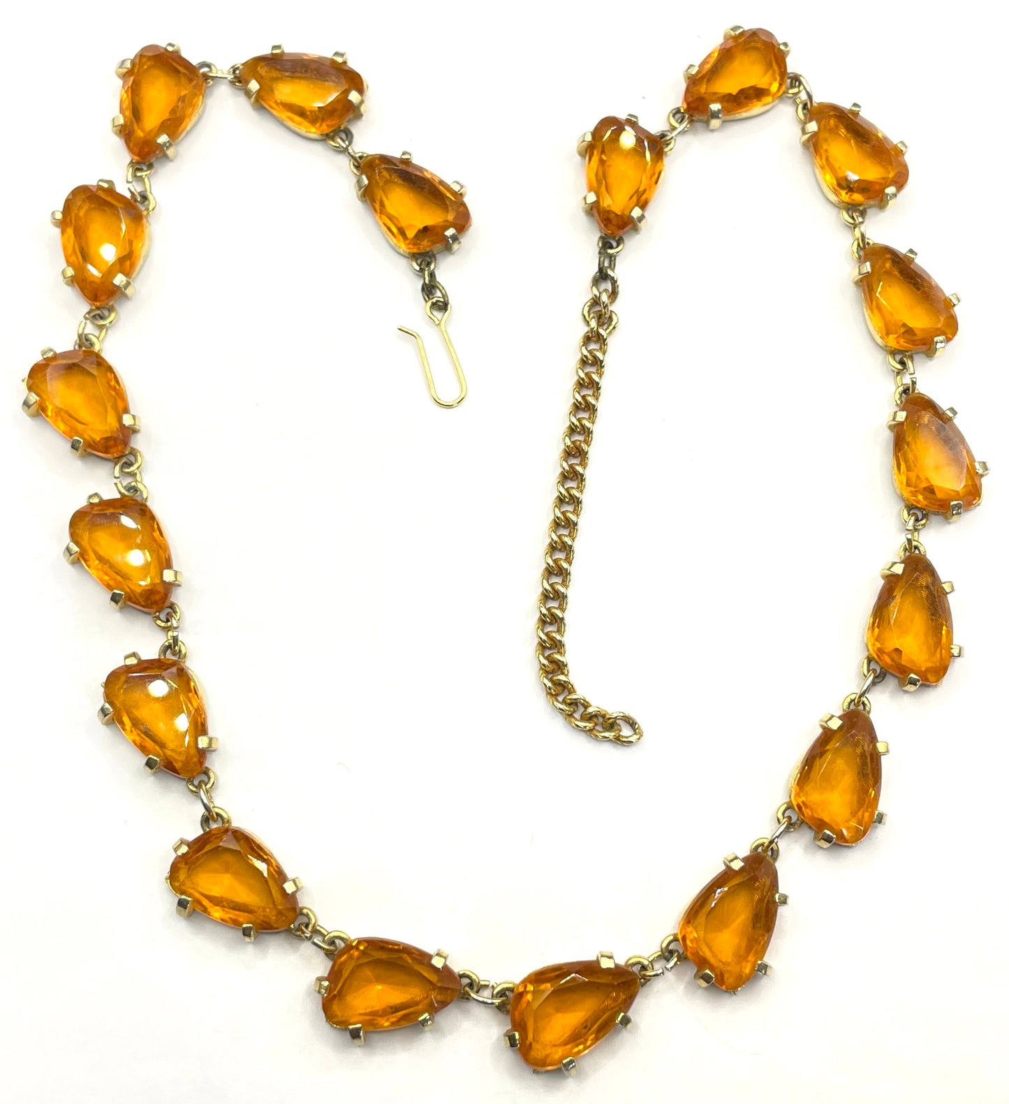 Vintage signed Sphinx citrine yellow / topaz orange glass riviere necklace, triangle shaped crystals set open-backed in gold tone settings