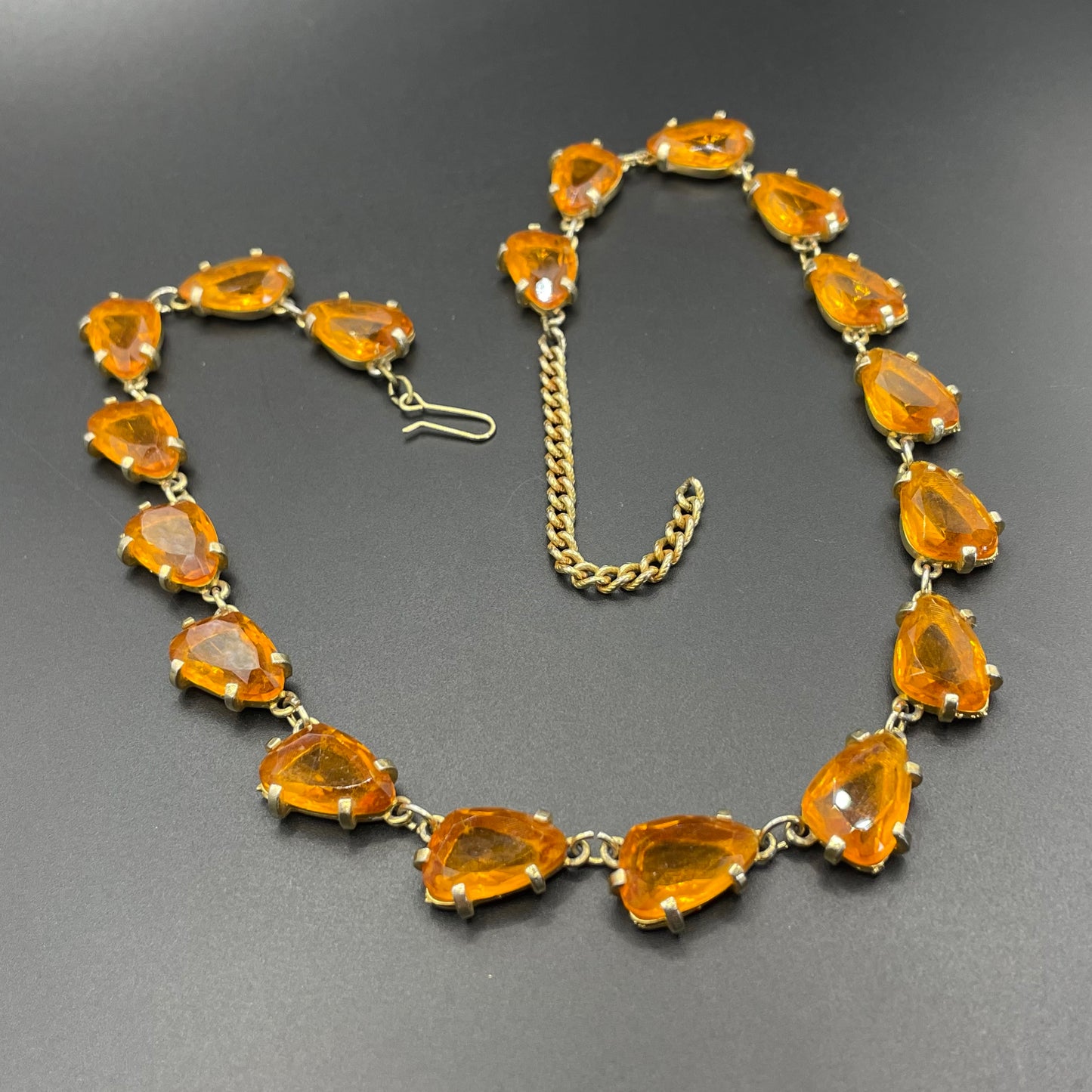 Vintage signed Sphinx citrine yellow / topaz orange glass riviere necklace, triangle shaped crystals set open-backed in gold tone settings