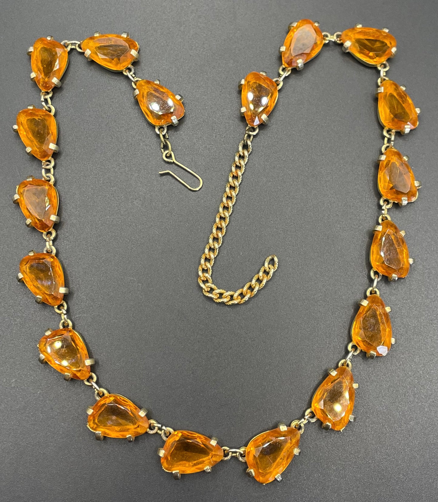 Vintage signed Sphinx citrine yellow / topaz orange glass riviere necklace, triangle shaped crystals set open-backed in gold tone settings