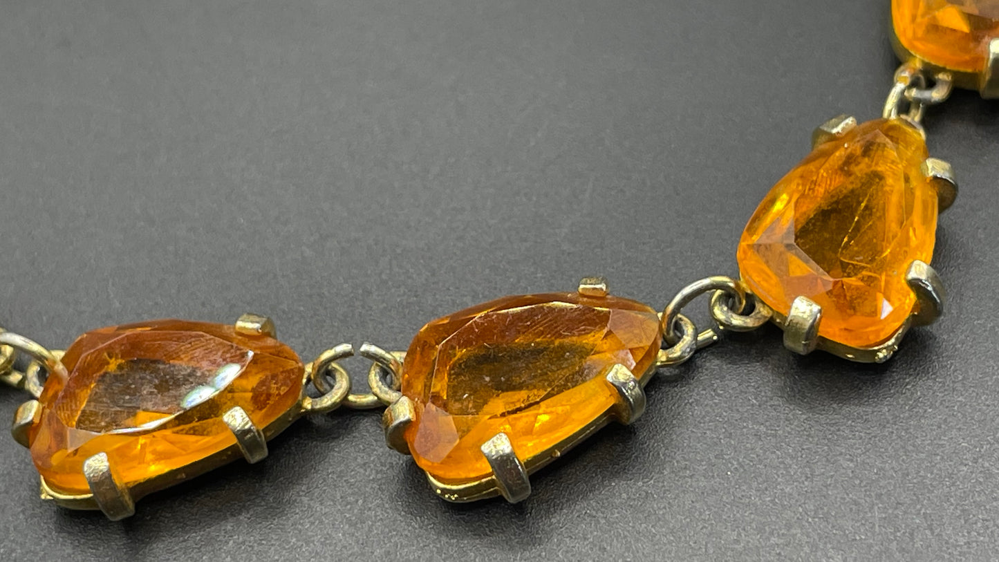 Vintage signed Sphinx citrine yellow / topaz orange glass riviere necklace, triangle shaped crystals set open-backed in gold tone settings