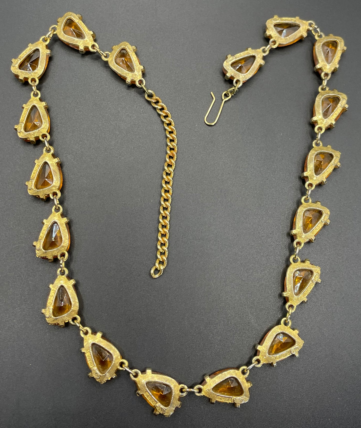 Vintage signed Sphinx citrine yellow / topaz orange glass riviere necklace, triangle shaped crystals set open-backed in gold tone settings