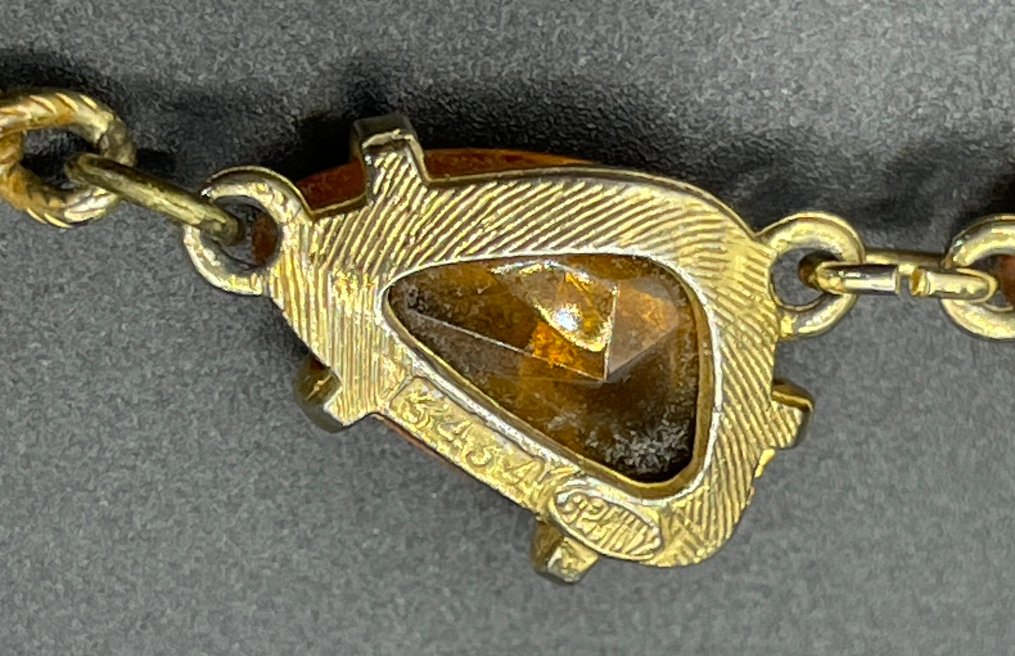 Vintage signed Sphinx citrine yellow / topaz orange glass riviere necklace, triangle shaped crystals set open-backed in gold tone settings