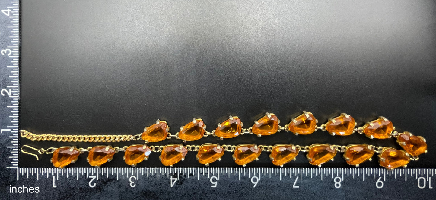 Vintage signed Sphinx citrine yellow / topaz orange glass riviere necklace, triangle shaped crystals set open-backed in gold tone settings