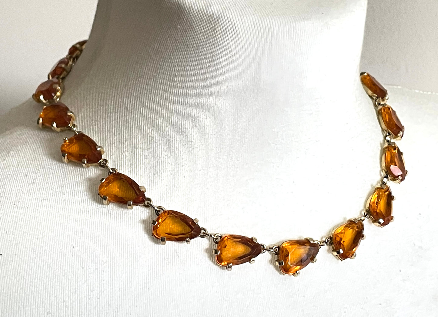 Vintage signed Sphinx citrine yellow / topaz orange glass riviere necklace, triangle shaped crystals set open-backed in gold tone settings