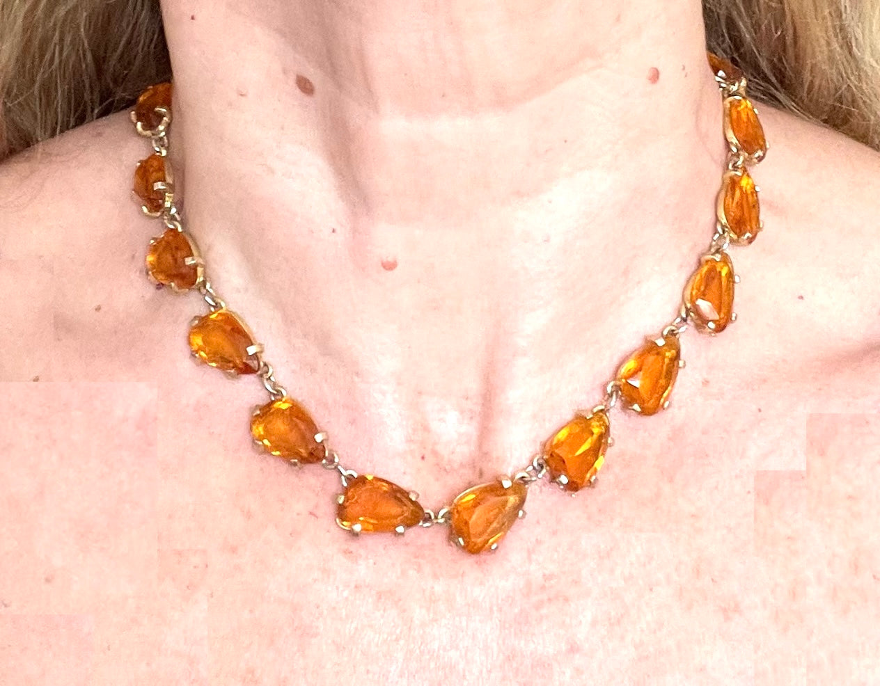 Vintage signed Sphinx citrine yellow / topaz orange glass riviere necklace, triangle shaped crystals set open-backed in gold tone settings