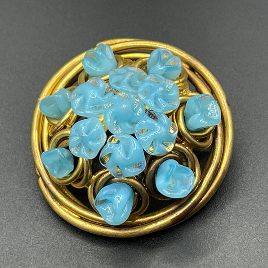Vintage Louis Rousselet blue moulded / poured glass bead and gold tone Art Deco brooch made for a brand with initials AD - Andreas Daub ?