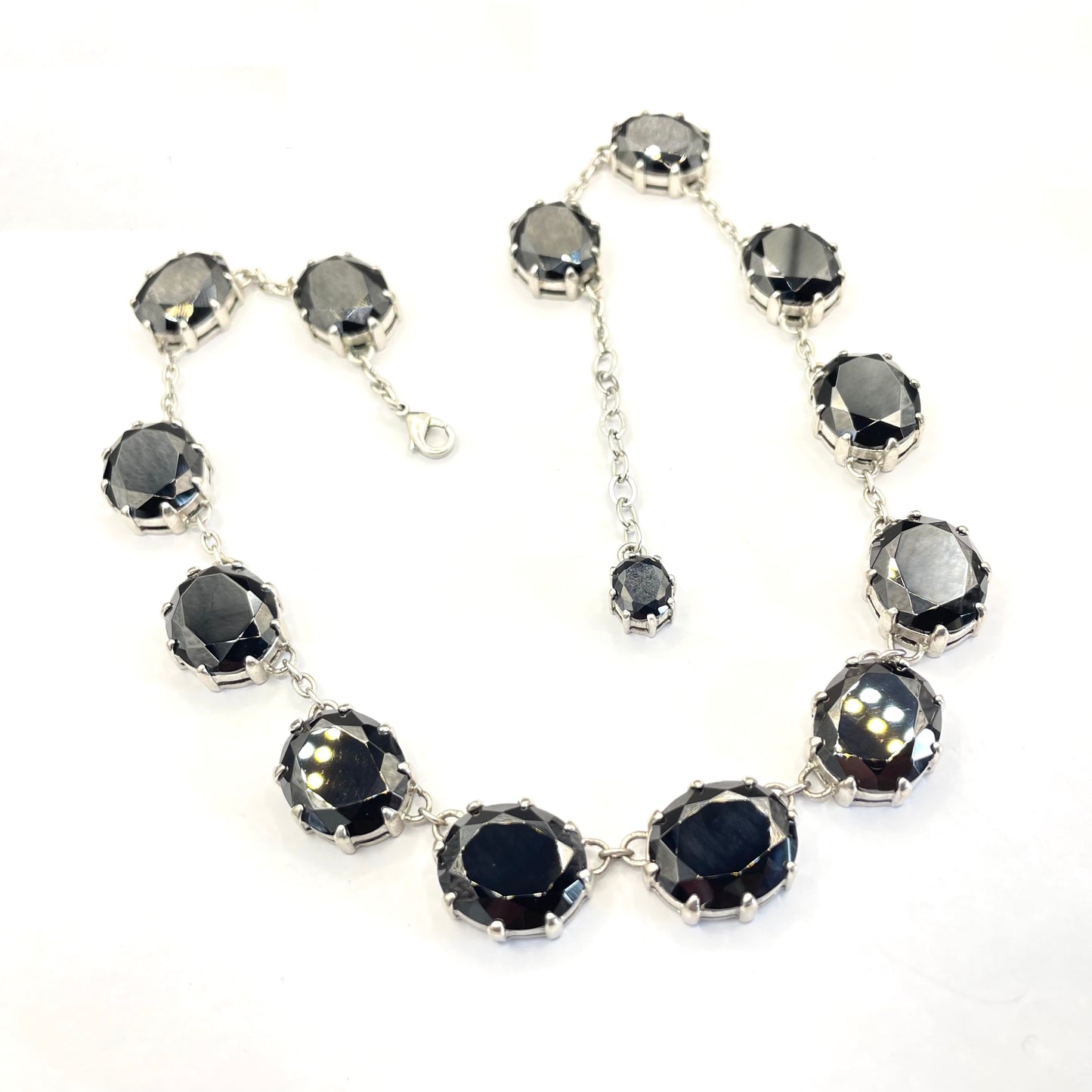 Stunning black glass rhinestone and silver tone Newbridge silverware riviere necklace, heavy piece of amazing quality