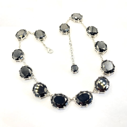 Stunning black glass rhinestone and silver tone Newbridge silverware riviere necklace, heavy piece of amazing quality