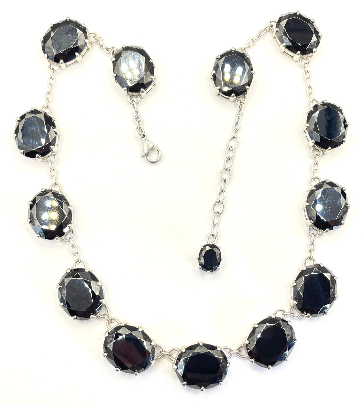 Stunning black glass rhinestone and silver tone Newbridge silverware riviere necklace, heavy piece of amazing quality