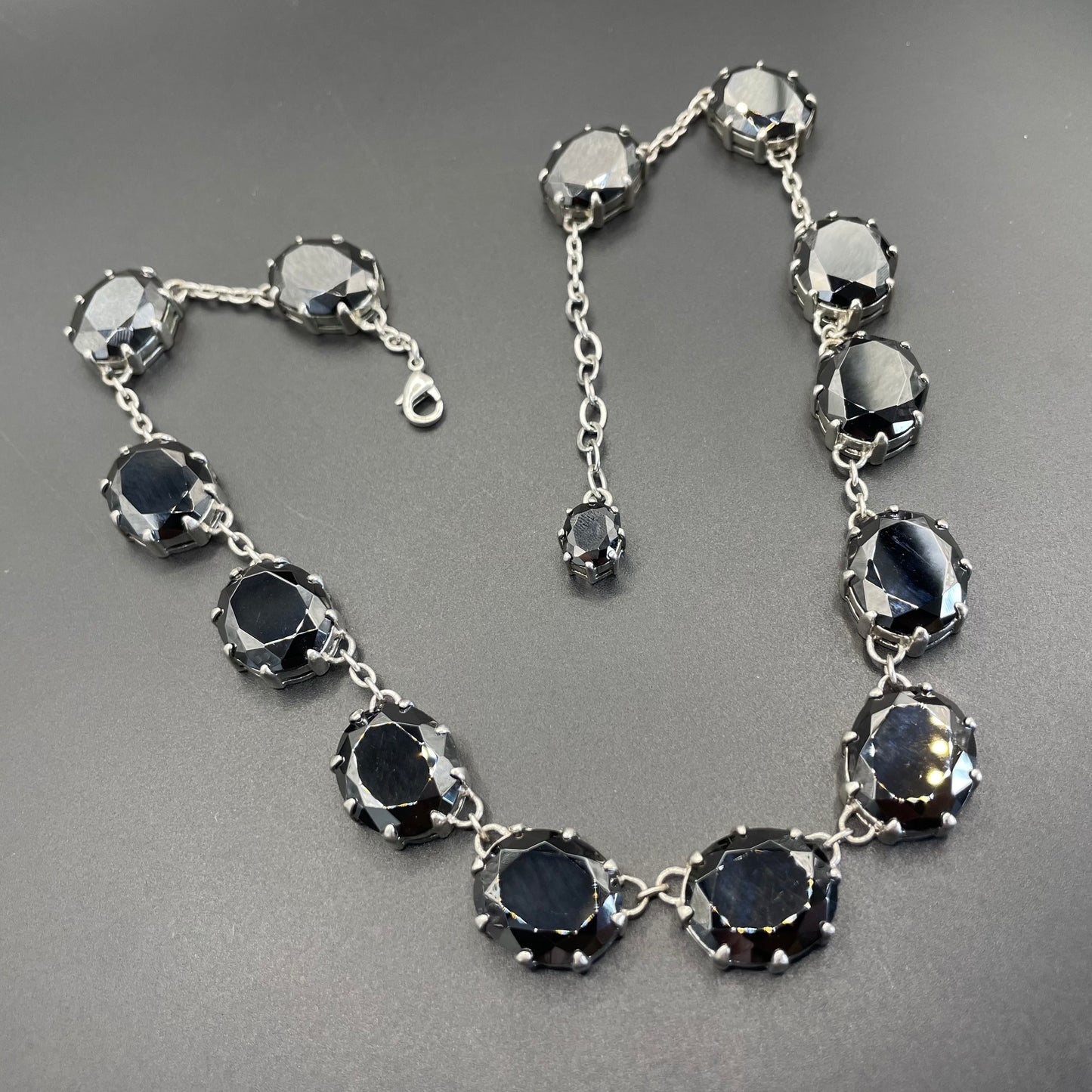 Stunning black glass rhinestone and silver tone Newbridge silverware riviere necklace, heavy piece of amazing quality