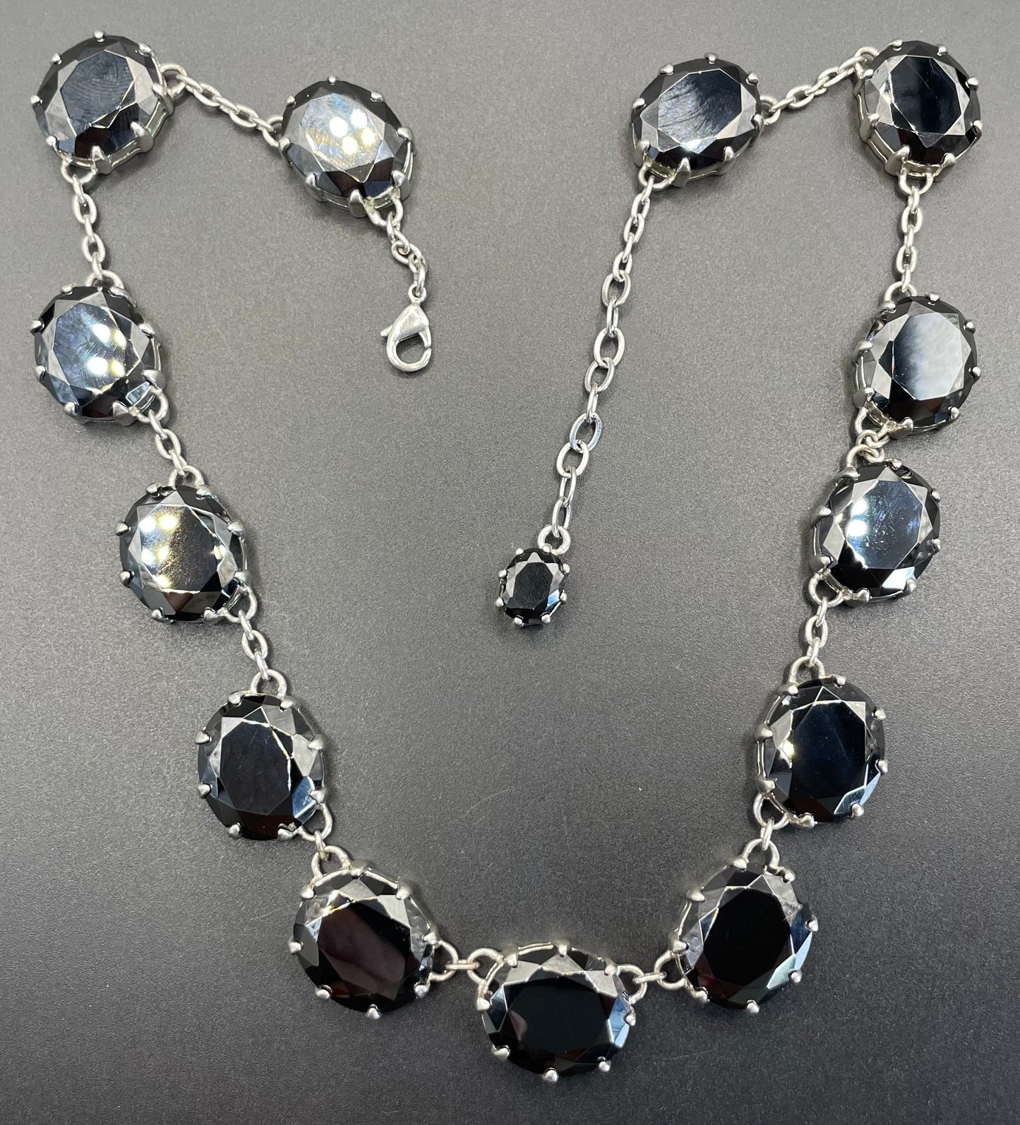 Stunning black glass rhinestone and silver tone Newbridge silverware riviere necklace, heavy piece of amazing quality