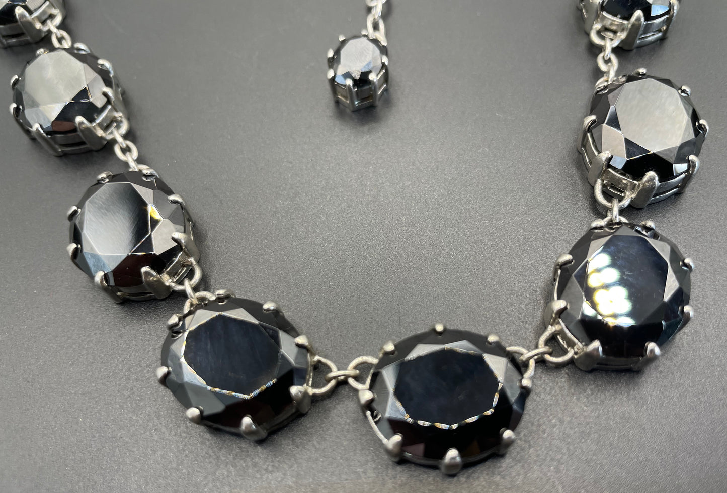 Stunning black glass rhinestone and silver tone Newbridge silverware riviere necklace, heavy piece of amazing quality