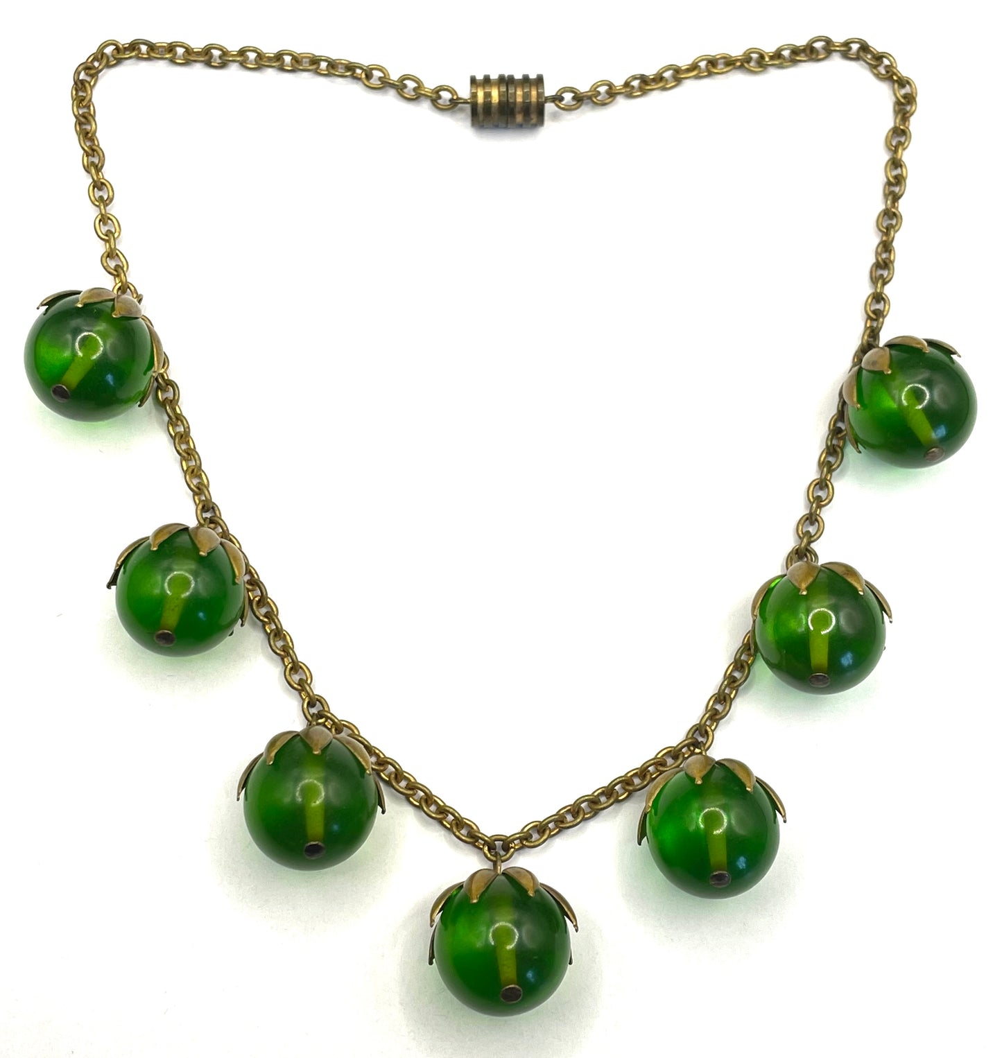 Vintage Art Deco 1930s machine age beaded fringe necklace with early plastic transparent green round chunky beads, antique gold tone links