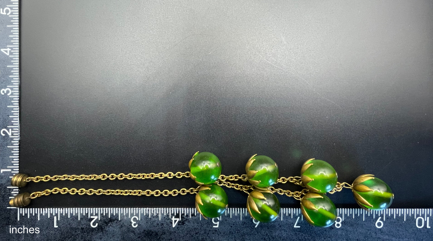 Vintage Art Deco 1930s machine age beaded fringe necklace with early plastic transparent green round chunky beads, antique gold tone links