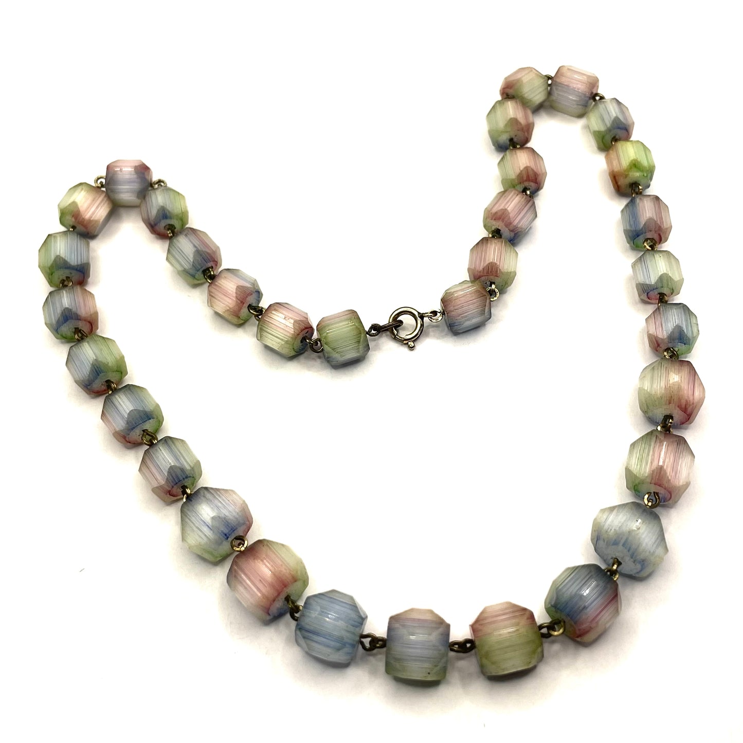 Vintage Art Deco Czech satin 'rhubarb' glass faceted bead necklace on rolled gold wire