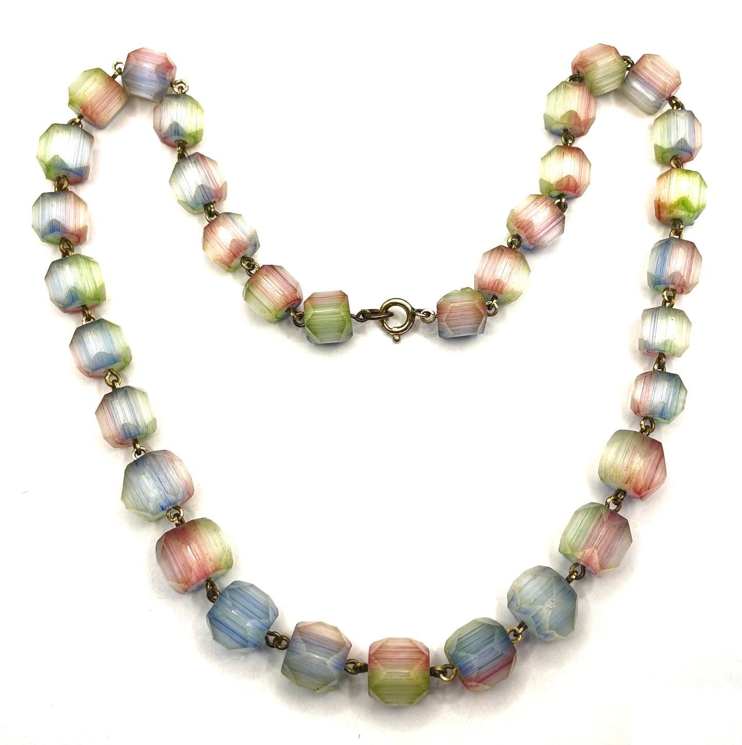 Vintage Art Deco Czech satin 'rhubarb' glass faceted bead necklace on rolled gold wire