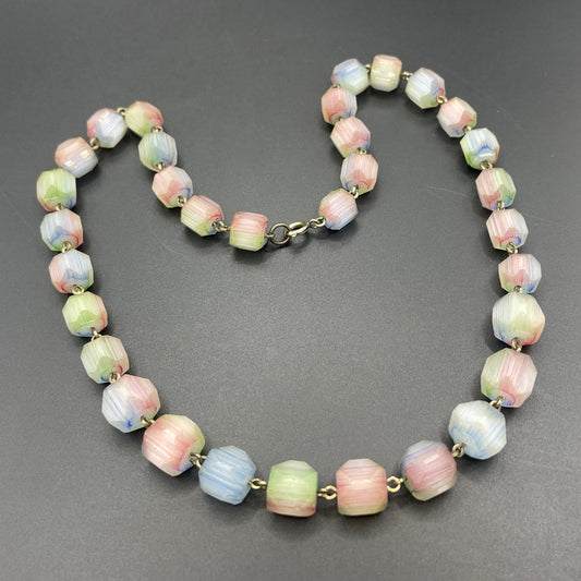 Vintage Art Deco Czech satin 'rhubarb' glass faceted bead necklace on rolled gold wire