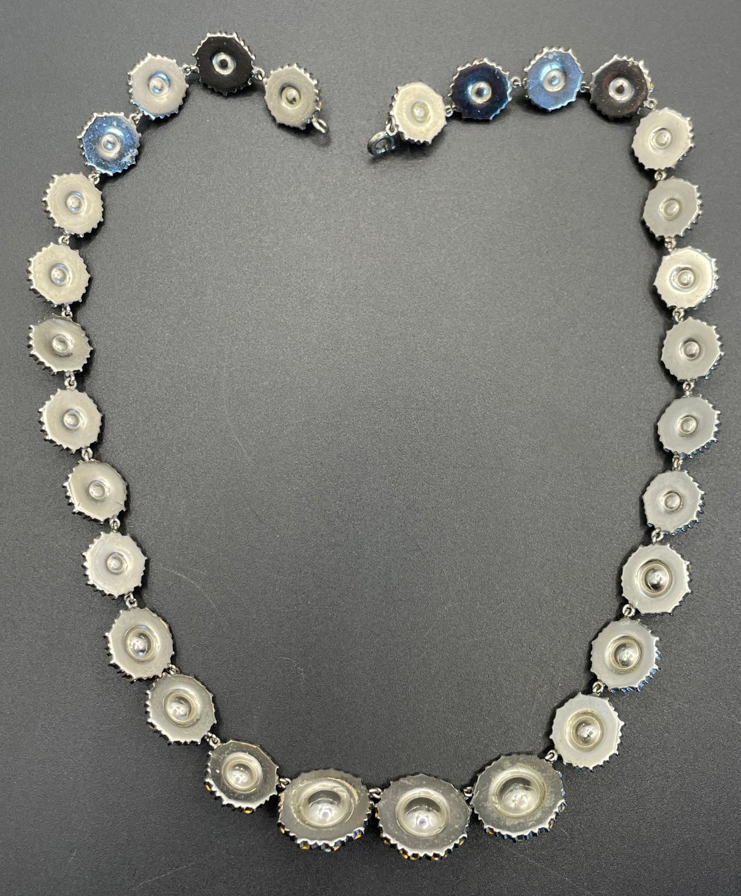 Vintage clear rhinestone, glass faux pearl cabochon and silver tone riviere style necklace, beautiful heavy piece, daisy flower design
