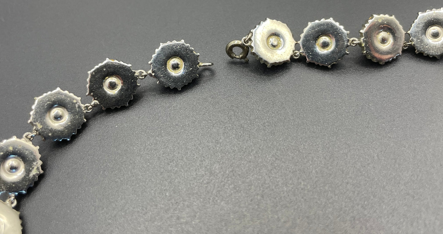 Vintage clear rhinestone, glass faux pearl cabochon and silver tone riviere style necklace, beautiful heavy piece, daisy flower design