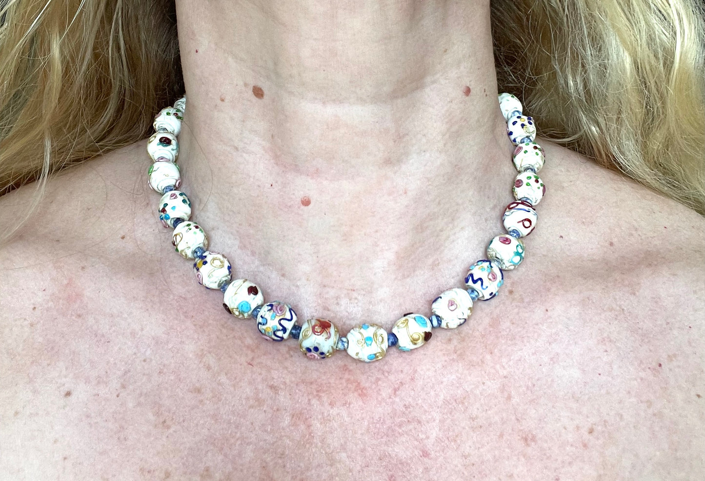 Antique Venetian wedding cake Fiorato glass white and multi-coloured hand made beaded choker necklace, a really old piece with signs of age
