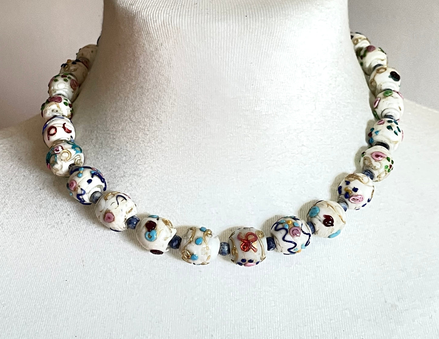Antique Venetian wedding cake Fiorato glass white and multi-coloured hand made beaded choker necklace, a really old piece with signs of age