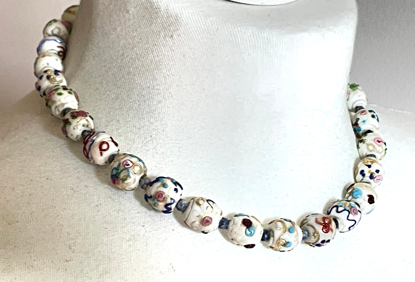 Antique Venetian wedding cake Fiorato glass white and multi-coloured hand made beaded choker necklace, a really old piece with signs of age