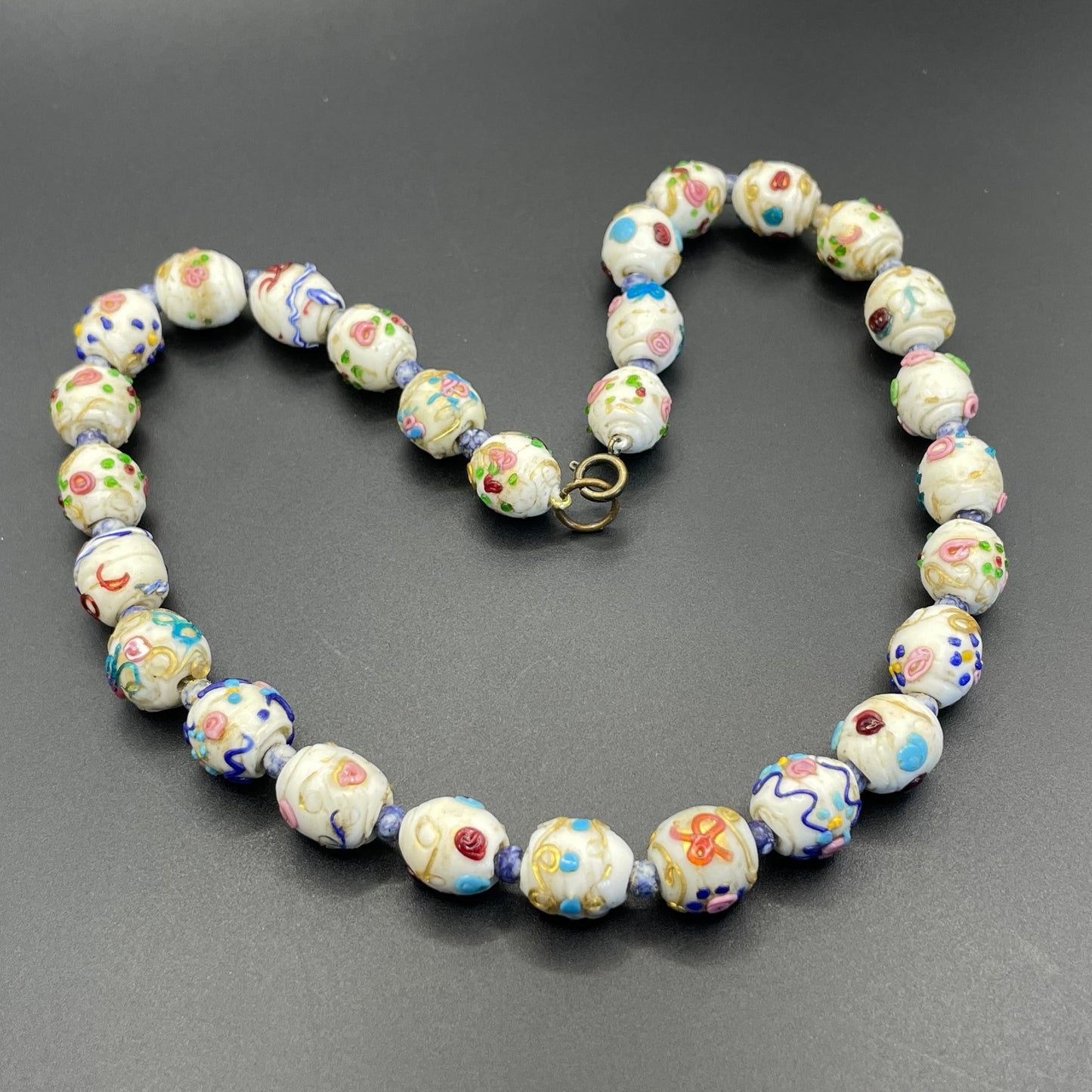 Antique Venetian wedding cake Fiorato glass white and multi-coloured hand made beaded choker necklace, a really old piece with signs of age