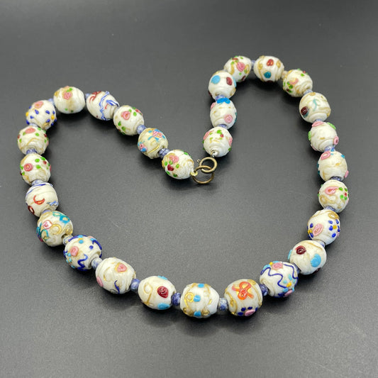 Antique Venetian wedding cake Fiorato glass white and multi-coloured hand made beaded choker necklace, a really old piece with signs of age